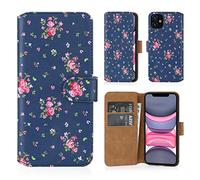 32nd Floreale Series 2.0 - Custodia a Portafoglio in Pelle PU per Apple iPhone 11 (6.1"), Case Realizzato in Pelle Sintetica con Diversi Comparti e Chiusura Magnetica - Vintage Rosa Blu