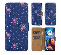 32nd Floreale Series 2.0 - Custodia a Portafoglio in Pelle PU per Motorola Moto E32, Case Realizzato in Pelle Sintetica con Diversi Comparti e Chiusura Magnetica - Vintage Rosa Blu