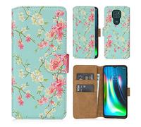 32nd Floreale Series 2.0 - Custodia a Portafoglio in Pelle PU per Motorola Moto E7 Plus, Case Realizzato in Pelle Sintetica con Diversi Comparti e Chiusura Magnetica - Primavera Blu