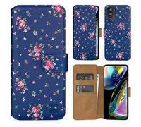 32nd Floreale Series 2.0 - Custodia a Portafoglio in Pelle PU per Motorola Moto G82 5G, Case Realizzato in Pelle Sintetica con Diversi Comparti e Chiusura Magnetica - Vintage Rosa Blu