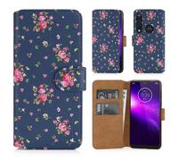 32nd Floreale Series 2.0 - Custodia a Portafoglio in Pelle PU per Motorola Moto One Macro, Case Realizzato in Pelle Sintetica con Diversi Comparti e Chiusura Magnetica - Vintage Rosa Blu