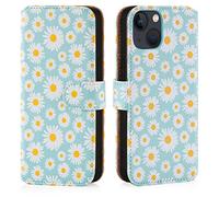 32nd Floreale Series 3.0 - Custodia a Portafoglio in Pelle PU per Apple iPhone 14 (6.1"), Case Realizzato in Pelle Sintetica con Diversi Comparti e Chiusura Magnetica - Margherita Blu