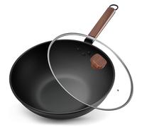 33cm/5,6L Wok Antiaderente in Acciaio al Carbonio con Coperchio Padelle Senza