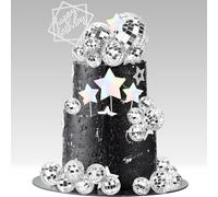 34 Pezzi Discoteca Decorazioni Torta Compleanno, topper torta argento Cake Topper Mirrorball Decorazione Torta Stella per Decorazioni Feste a Tema Musica da Discoteca Anni '70/'80/'90