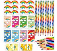 34 Pezzi Set Cancelleria Matita Multicolore 12 Matite Arcobaleno 12 Gomme e 10 Quaderni Arcobaleno Perfetto per le Feste di Compleanno dei Bambini e Come Regalo per i Più Piccoli