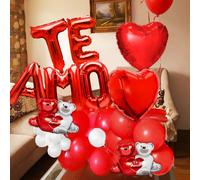 35 palloncini a forma di cuore rossi e bianchi con orsetti che si abbracciano con la scritta "TE AMO", adatti per dichiarazioni d'amore, proposte romantiche, feste di compleanno, anniversari, decorazi
