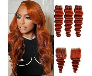 # 350 Bundles Ombre Loose Deep Wave Fasci di capelli umani Orange Curly Wave 3Bundles brasiliani e 4X4 Free Part Lace Closure per le donne nere (14 16 18 14) pollici,22 24 26 +20 inch