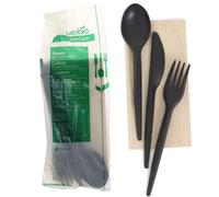 350 Tris posate monouso nere compostabili imbustate con tovagliolo