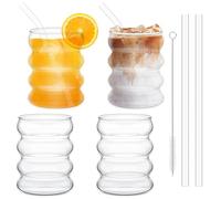 350ml Bicchieri Della Bolla con la Paglia,Set di bicchieri a Coste 4pcs,bicchieri Dell'Onda Tumbler di Vetro,Bicchieri Dell'Acqua per Il Latte Macchiato Caffè Freddo Whisky Cocktail Caffè Soda (B)