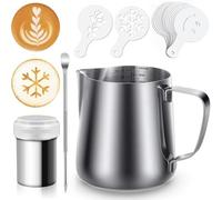 350ml Bricco Latte in Acciaio Inox,Set Professionale di Lattiera per Latte con Scala,Ago per Decorazione + Shaker + 16 Stencil con Motivi,Adatto ai Baristi per Preparare il Caffè