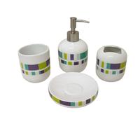 (35534) Set Da Bagno 4 Pezzi Accessori Da Tavolo Lavabo Porcellana Puzzle Colo