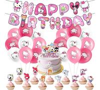 35PCS Ki-ty Set di Palloncini di Compleanno Cartone Animato, Palloncini Decorazione di Compleanno con Banner Cake Topper, Decorazioni per Feste di compleann per Bambini Ragazze