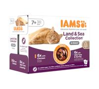 36 + 12 gratis! 48 x 85 g IAMS umido per gatto - Senior 7+ Land & Sea Collection in Salsa