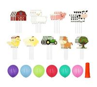36 biglietti da fattoria, 6 palloncini con bocchini, plug-in per decorazioni per torte di fattoria, set di decorazioni per compleanni contadini, plug-in per decorazioni per torte di animali