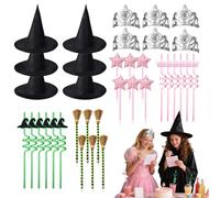 36 bomboniere per feste a tema principessa e strega, tra cui cappelli da strega, corone da principessa, penne a stella, scopa, matite, cappello da mago, cannucce, cappelli da mago, decorazioni per
