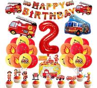 36 Pezzi Palloncini Compleanno 2 Camion dei Pompieri, Pompiere Decorazioni Torta, Palloncino Camion Pompieri, Addobbi Compleanno Bambino 2 Anni Camion dei Pompieri