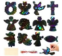 36 Pezzi Scratch Art Bambini(con 12 Piccoli Bastoncini di Bambù e 36 Nastri Colorati),Fogli Neri da Grattare Bambini Angeli, Scratch Paper Magico per Regali di Compleanno, Bricolage, Feste per Bambini