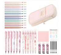 36 pezzi Set di cancelleria carino, include astuccio adorabile, 12 evidenziatori pastello, 6 penne gel nere, 6 matite meccaniche carine da 0,5 mm, essenziale per gli studenti, ottimo per la vita unive