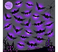 36 pipistrelli 3D illuminati a LED viola, decorazione per Halloween, 5 dimensioni e 4 forme, adesivi rimovibili in PVC, impermeabili, decorazione da parete per casa, interni ed esterni, camera da