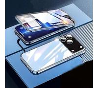 360 Full Protection Metal Magnetic Phone Case for iPhone 17 Pro Max, Anti-Fall Magnetic Adsorption Double-Sided Tempered Glass Phone Case with Snap Lock (Blue,14pro)