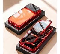 360 Full Protection Metal Magnetic Phone Case for iPhone 17 Pro Max, Anti-Fall Magnetic Adsorption Double-Sided Tempered Glass Phone Case with Snap Lock (Red,14promax)