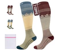 360 Relief Calze Elastiche a Compressione graduate 15-20 mmhg - 2 Coppie Calze a Compressione Premium di Classe 1 per Donne e Uomo - Supporto per Corsa, Viaggio, Palestra, Sportivo - S/M Verde+Marrone