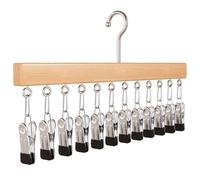 360° Swivel Multi-Hook Closet Organizer with 12 Clips - Space Saving Hanger for Pants, Jeans, Leggings, Skirts, Hats & Belts - Heavy Duty Hanging Wardrobe Organizer for Closet Storage (Natural Wood)
