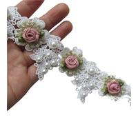 36x Pearl Rose Flowers Gold Lace Trim Embroidered Ribbon Fabric Patchwork Sewing Craft For Costume Clothes Decoration(WHITE)