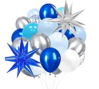 37 palloncini blu e bianchi, palloncini esplosivi a forma di stella e palloncini trasparenti argentati, adatti per decorare feste di compleanno, eventi a tema e decorazioni per cerimonie di laurea.