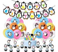 37 Pezzi Set decorazioni compleanno pinguino cake toppers,SANYUANHE Topper per torta penguin,Tema pinguino festa palloncino striscione happy birthday party supplies