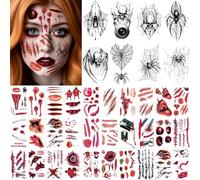 38 fogli di tatuaggi di Halloween, realistici ragnatele, zombie, vampiro, diavolo, ferite, cicatrici, tatuaggio, costume di Halloween, costume da donna, uomo, spaventoso, adesivo per il viso, per