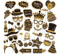 38 Pezzi Oggetti Scena per cabine fotografiche di compleanno, Happy Birthday Party Favors Supplies Bday Party Decor, 40th- 50th-60th Photo booth Funny Cute Holiday Selfie Supplies (oro e nero)