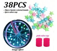 38 pezzi Set di decorazioni luminose per raggi della bicicletta, decorazioni per mozzo ruota con stelle fluorescenti e tappi per valvole, clip per raggi di bicicletta per notturna per bambini e adulti