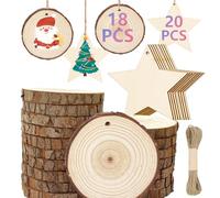 38 Pezzi Tronchetti Legno per Pirografia, Naturale Fette Legno da Decorare,18 Dischi Legno 7-8 cm con Corteccia Foro, 20 Stelle Legno, Fai da Te Natale, Cerchi per Lavorettiaddobbi Natalizi in Legno