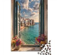 38x26cm/1000pcs Puzzle Per Adulti Finestre aperte Donna Uomo Tavola Di Legno Ad Incastro Di Precisione Città pittoresca