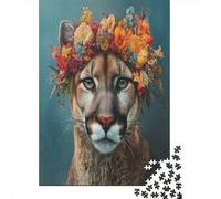 38x26cm/1000pcsLeone di montagna che indossa una grande corona di fiori Jigsaw, Puzzle Fai Da Te Per Adulti E Folla Dai 14 Anni in Su