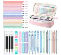 39 articoli di cancelleria per la scuola con grazioso astuccio, materiale | 12 evidenziatori pastello, 5 penne gel inchiostro nero, 6 matite meccaniche, astuccio per ragazze, set di cancelleria