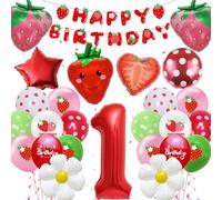 39 palloncini decorativi a forma di fragola per il 1° compleanno della ragazza, banner Happy Birthday, palloncino rosso in alluminio numero 1, palloncini carini a forma di fragola e margherita per