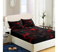 3D Abstract Geometric Bed Sheets Set, Twin Queen Size Super Soft Microfiber Teen Bedding, 10" Deep Pocket Fitted Sheet, Flat Sheet, Breathable Room Decor (NO Pillowcases)(Rosso,137x191x25cm)