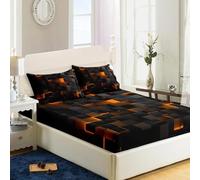 3D Abstract Geometric Bed Sheets Set, Twin Queen Size Super Soft Microfiber Teen Bedding, 10" Deep Pocket Fitted Sheet, Flat Sheet, Breathable Room Decor (NO Pillowcases)(Orange,183x213x25cm)