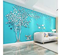 3D Albero Adesivo da Parete, Cornici per Foto e Alberi Uccelli Adesivi Murali Fai da te Arts Wall Sticker Decorativi per Camera da Letto, Soggiorno (A Argento Sinistra,XL)