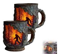 3D Bigfoot Forest Fire Mug - Special Coffee Mugs, Vintage Sasquatch Campfire Mug for Camping & Hiking, Rustic Mountain Drinkware for Nature Enthusiasts & Cryptid Fans (2PCS)