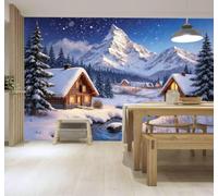 3D Carta da Parati Accogliente Capanna Pini Fiume Panorama Montano Innevato | Murales Creativi e Moderni Per la Casa Studio Soggiorno Camera da Letto Divano Sfondi Decorazioni Murali di Lusso-430cm×300cm