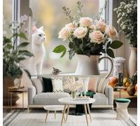 3D Carta da Parati Accogliente Gatto Bianco Finestra Rose Rosa Chiaro | Murales Creativi e Moderni Per la Casa Studio Soggiorno Camera da Letto Divano Sfondi Decorazioni Murali di Lusso-350cm×256cm