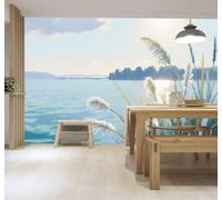 3D Carta da Parati Acquerellato Disegno A Mano Lago Blu Piante Bosco | Texture in Seta di Alta Qualità Ideale per Studi Uffici Sale da Pranzo Divani Camere Letto Soggiorni Dietro la TV-350cm×256cm