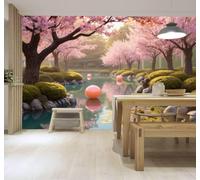 3D Carta da Parati Alberi Di Ciliegio Rosa Boschetto Palloncini Rosa Fiume | Texture in Seta di Alta Qualità Ideale per Studi Uffici Sale da Pranzo Divani Camere Letto Soggiorni Dietro la TV-400cm×280cm