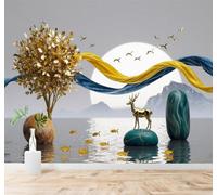 3D Carta da Parati Alberi Dorati Cervo Dorato Uccelli Volo Luna Paesaggio | Texture in Seta di Alta Qualità Ideale per Studi Uffici Sale da Pranzo Divani Camere Letto Soggiorni Dietro la TV-430cm×300cm