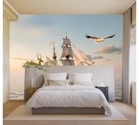 3D Carta da Parati Barca A Vela Cervo Uccelli In Volo Oceano Tramonto | Texture in Seta di Alta Qualità Ideale per Studi Uffici Sale da Pranzo Divani Camere Letto Soggiorni Dietro la TV-150cm×105cm