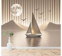 3D Carta da Parati Barca A Vela Mare Calmo Luna Montagne Uccelli In Volo | Texture in Seta di Alta Qualità Ideale per Studi Uffici Sale da Pranzo Divani Camere Letto Soggiorni Dietro la TV-300cm×210cm