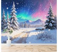3D Carta da Parati Bellezza Foresta Di Pini Invernale Vette Aurora Boreale | Texture in Seta di Alta Qualità Ideale per Studi Uffici Sale da Pranzo Divani Camere Letto Soggiorni Dietro la TV-250cm×170cm